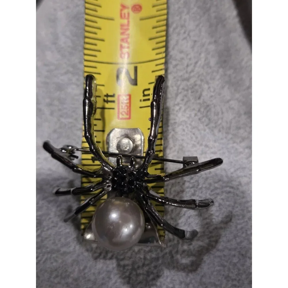 Gunmetal Spider Pendant Brooch Faux Silver Pearl Body & Black Rhinestone 2x1.75" - Picture 11 of 13